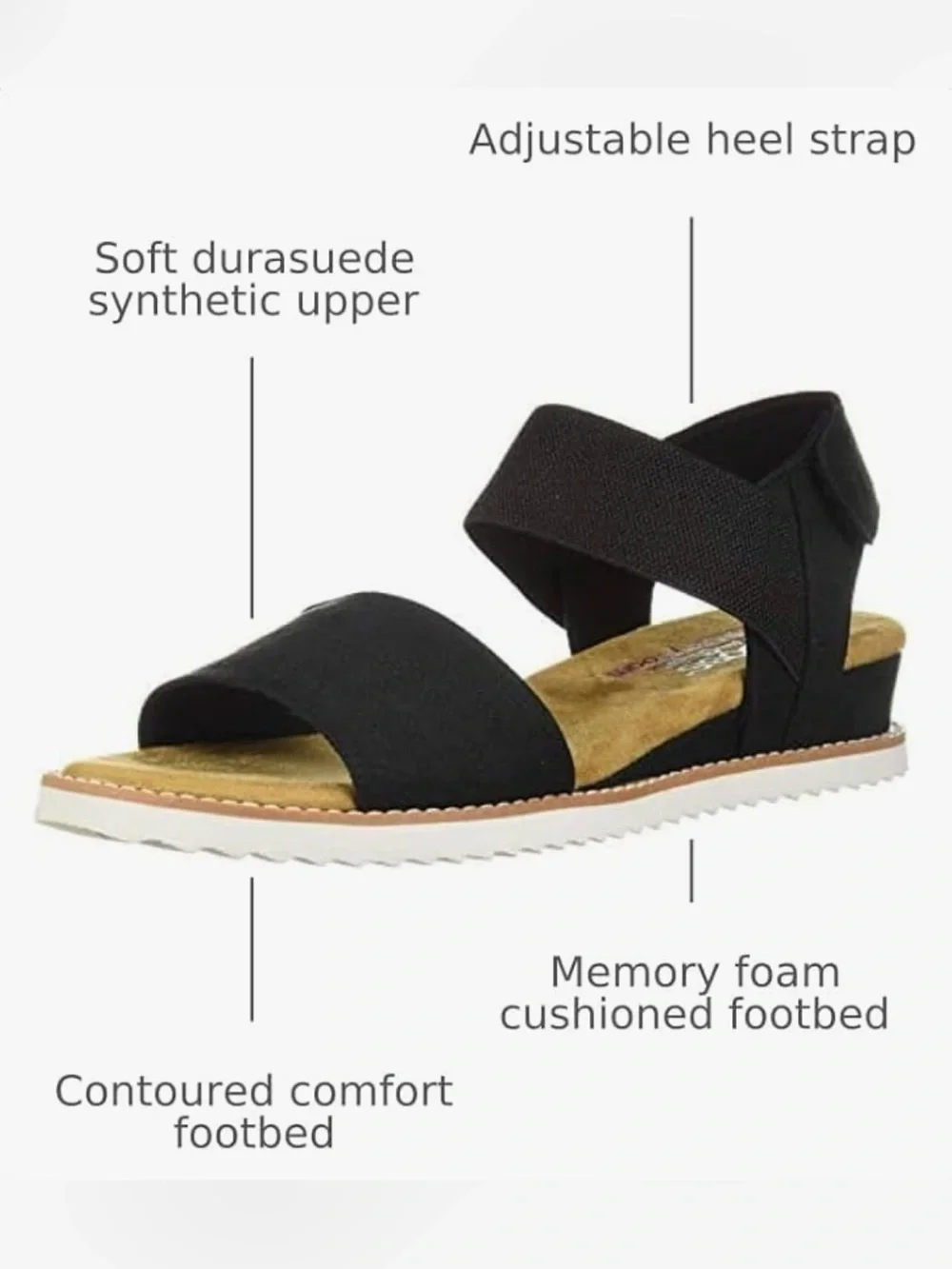 Skechers Sandals Womens 9 Desert Kiss Ankle Strap Black Stretch Wedge 56195S ***